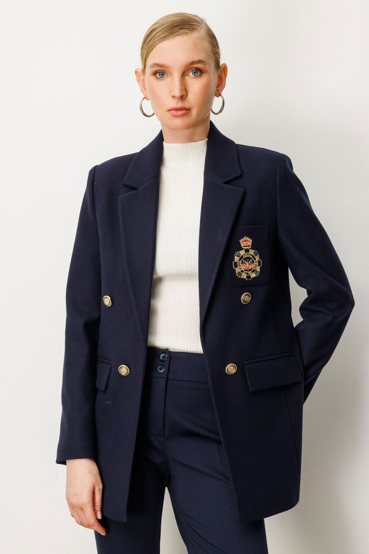 Ekol Kadın Önü Armalı Kapak Cepli Kaşe Ceket 5071 Lacivert - 1