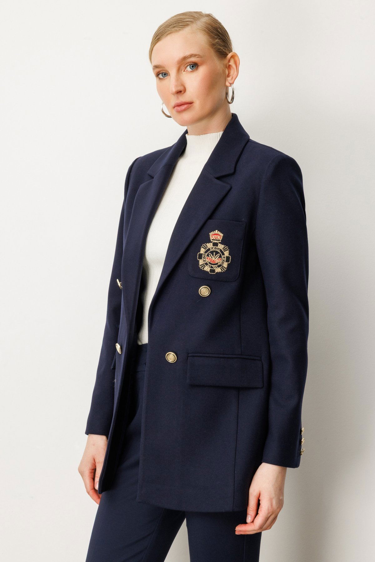 Ekol Kadın Önü Armalı Kapak Cepli Kaşe Ceket 5071 Lacivert - 2
