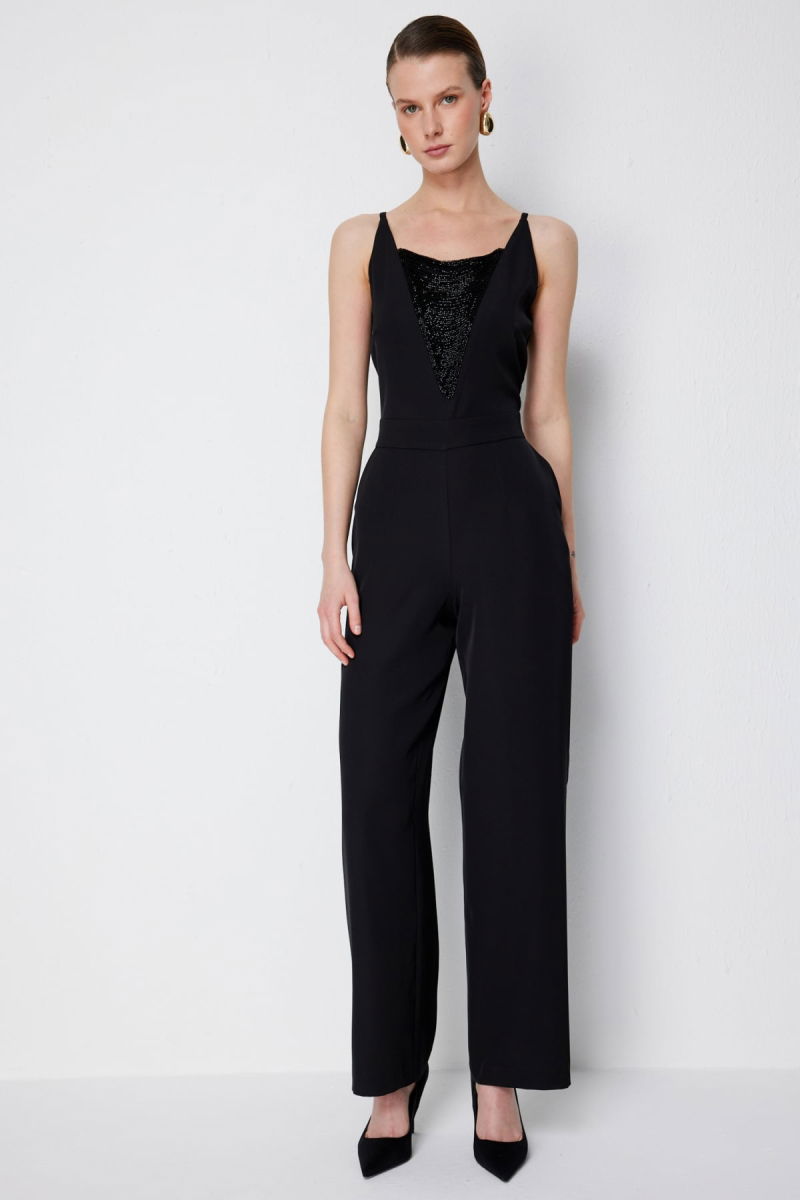 Ekol Kadın Önü Boncuk İşlemeli Askılı Tulum 6446 Siyah - Ekol