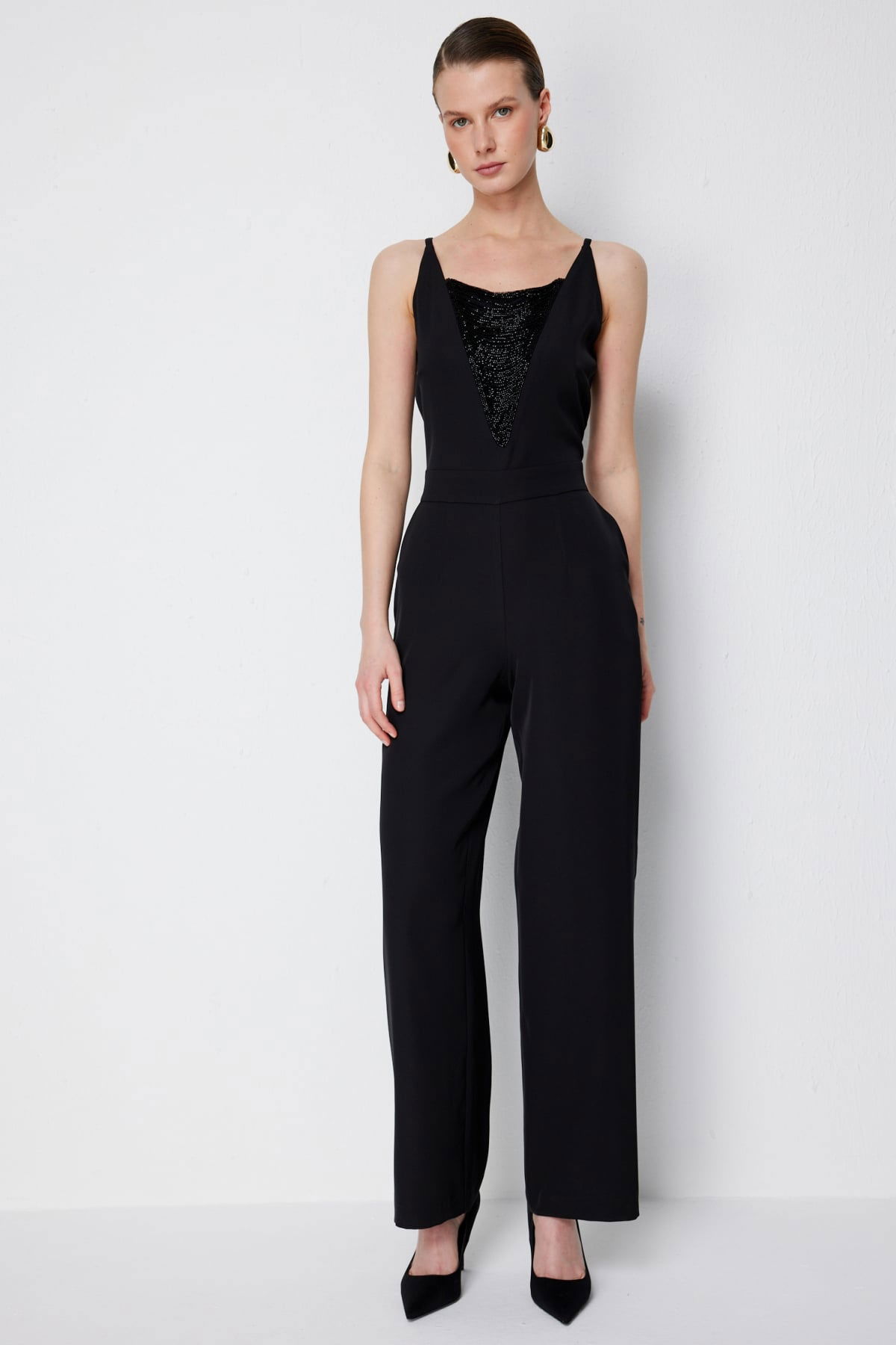 Ekol Kadın Önü Boncuk İşlemeli Askılı Tulum 6446 Siyah - 1