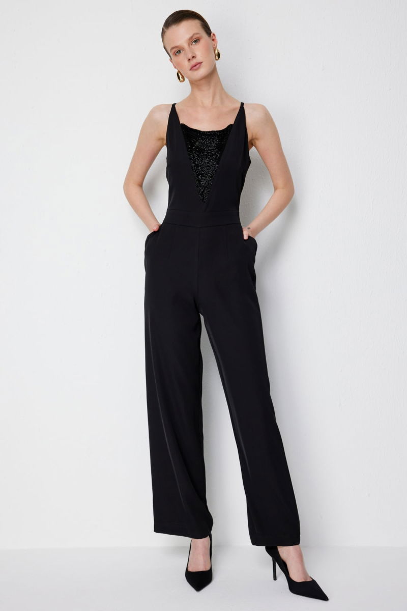 Ekol Kadın Önü Boncuk İşlemeli Askılı Tulum 6446 Siyah - 2