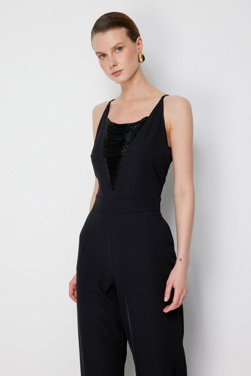 Ekol Kadın Önü Boncuk İşlemeli Askılı Tulum 6446 Siyah - 4