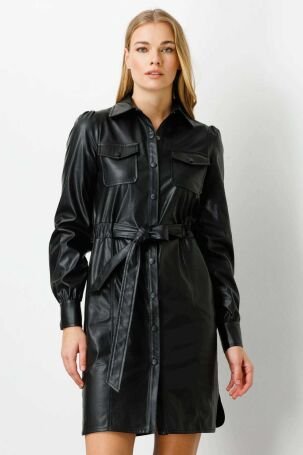 Ekol Kadın Önü Çıtçıtlı Deri Elbise 5017 Siyah - 1