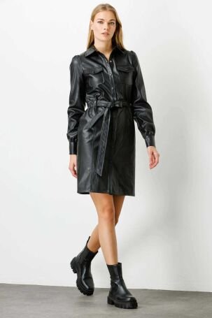 Ekol Kadın Önü Çıtçıtlı Deri Elbise 5017 Siyah - 2