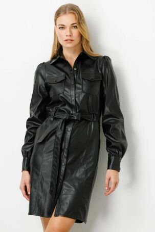 Ekol Kadın Önü Çıtçıtlı Deri Elbise 5017 Siyah - 3