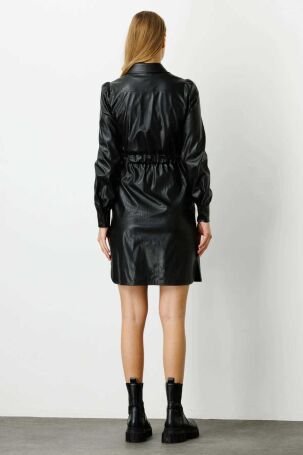 Ekol Kadın Önü Çıtçıtlı Deri Elbise 5017 Siyah - 4