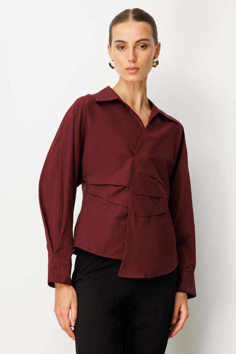 Ekol Kadın Önü Drapeli Kruvaze Gömlek 3043 Bordo - Ekol