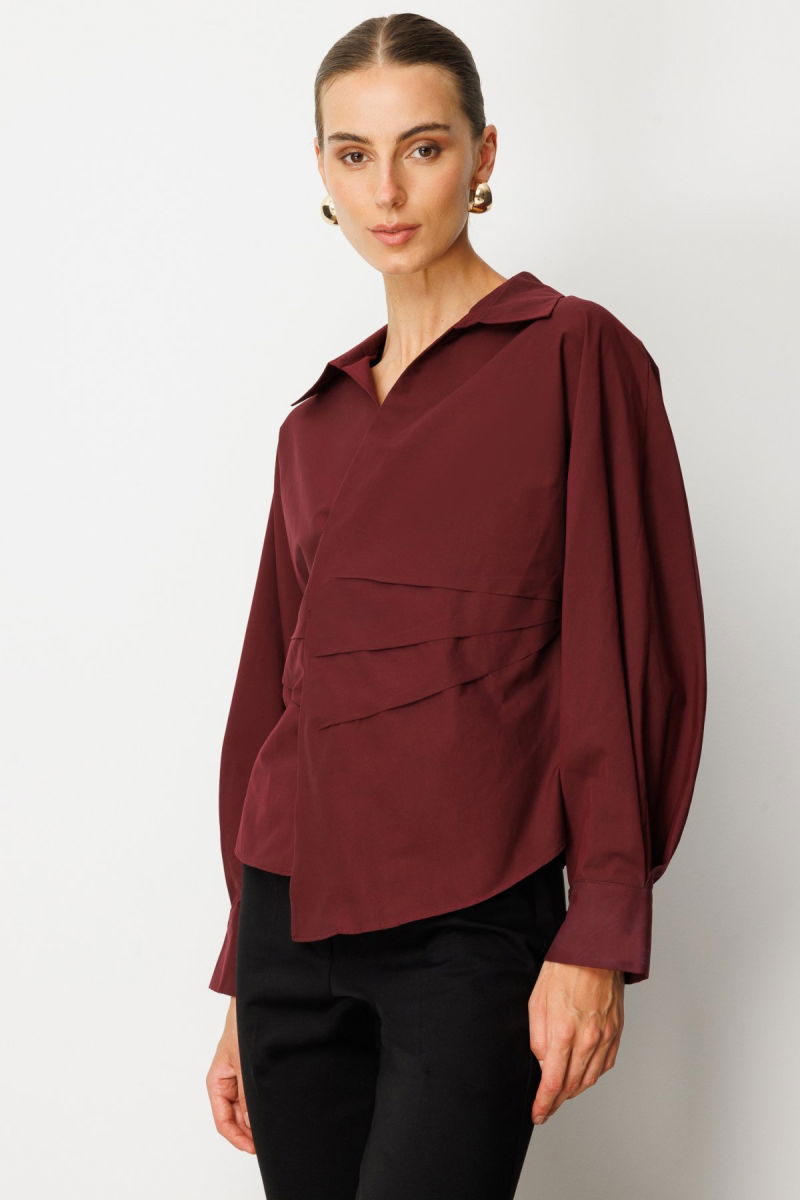 Ekol Kadın Önü Drapeli Kruvaze Gömlek 3043 Bordo - 2