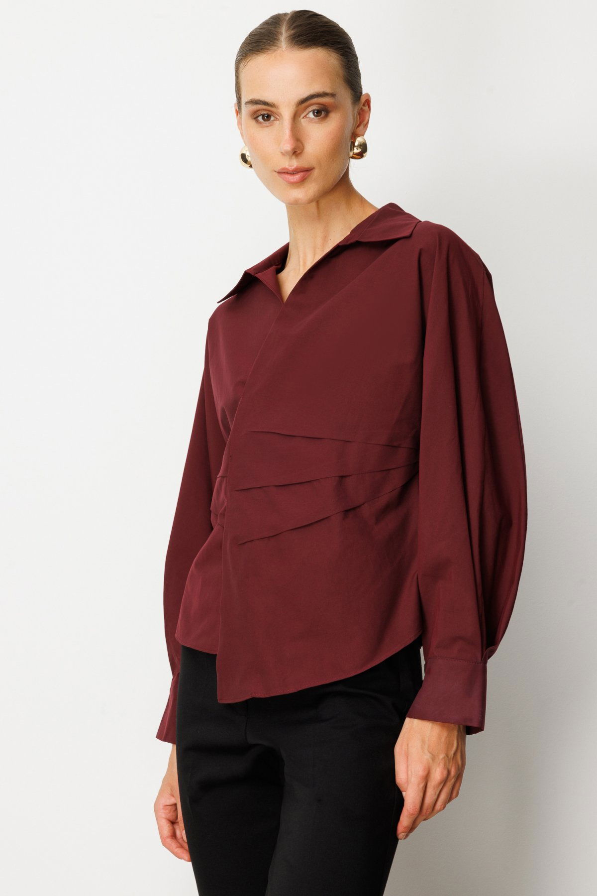 Ekol Kadın Önü Drapeli Kruvaze Gömlek 3043 Bordo - 2