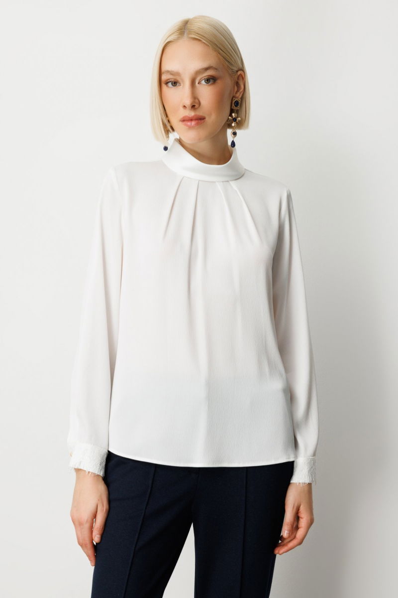 Ekol Kadın Önü Pileli Dantel Detaylı Bluz 3059 Ekru - Ekol