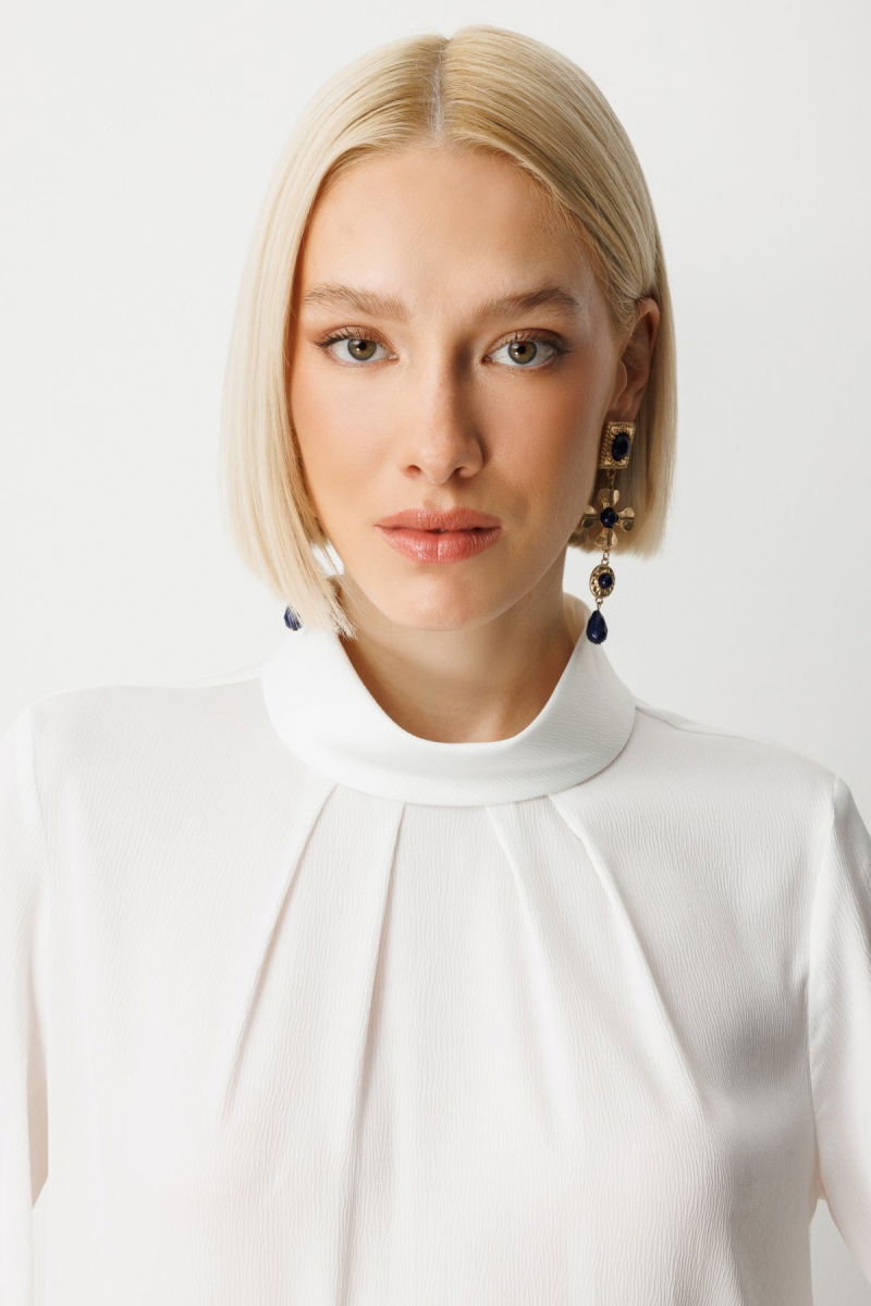 Ekol Kadın Önü Pileli Dantel Detaylı Bluz 3059 Ekru - 2