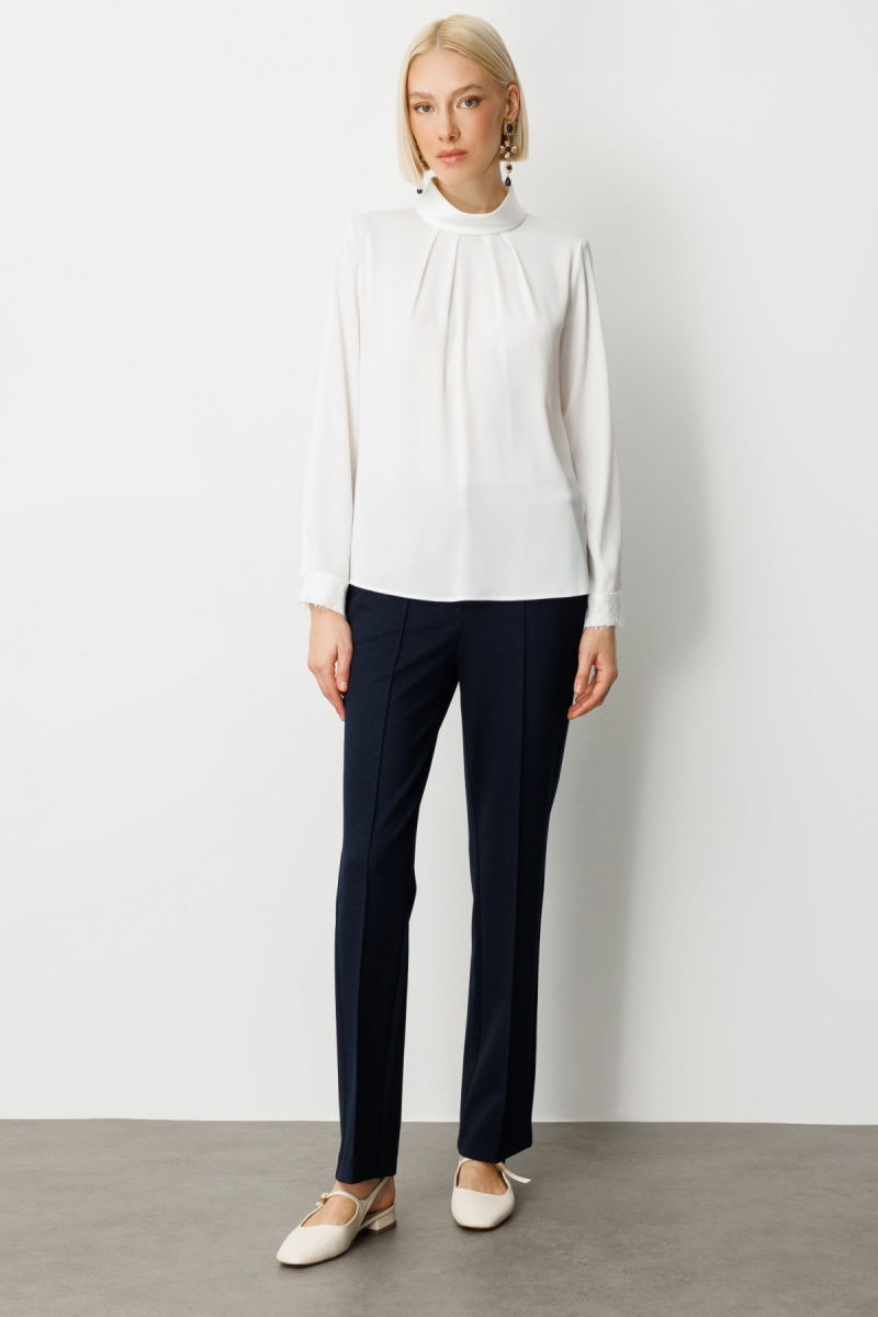 Ekol Kadın Önü Pileli Dantel Detaylı Bluz 3059 Ekru - 3