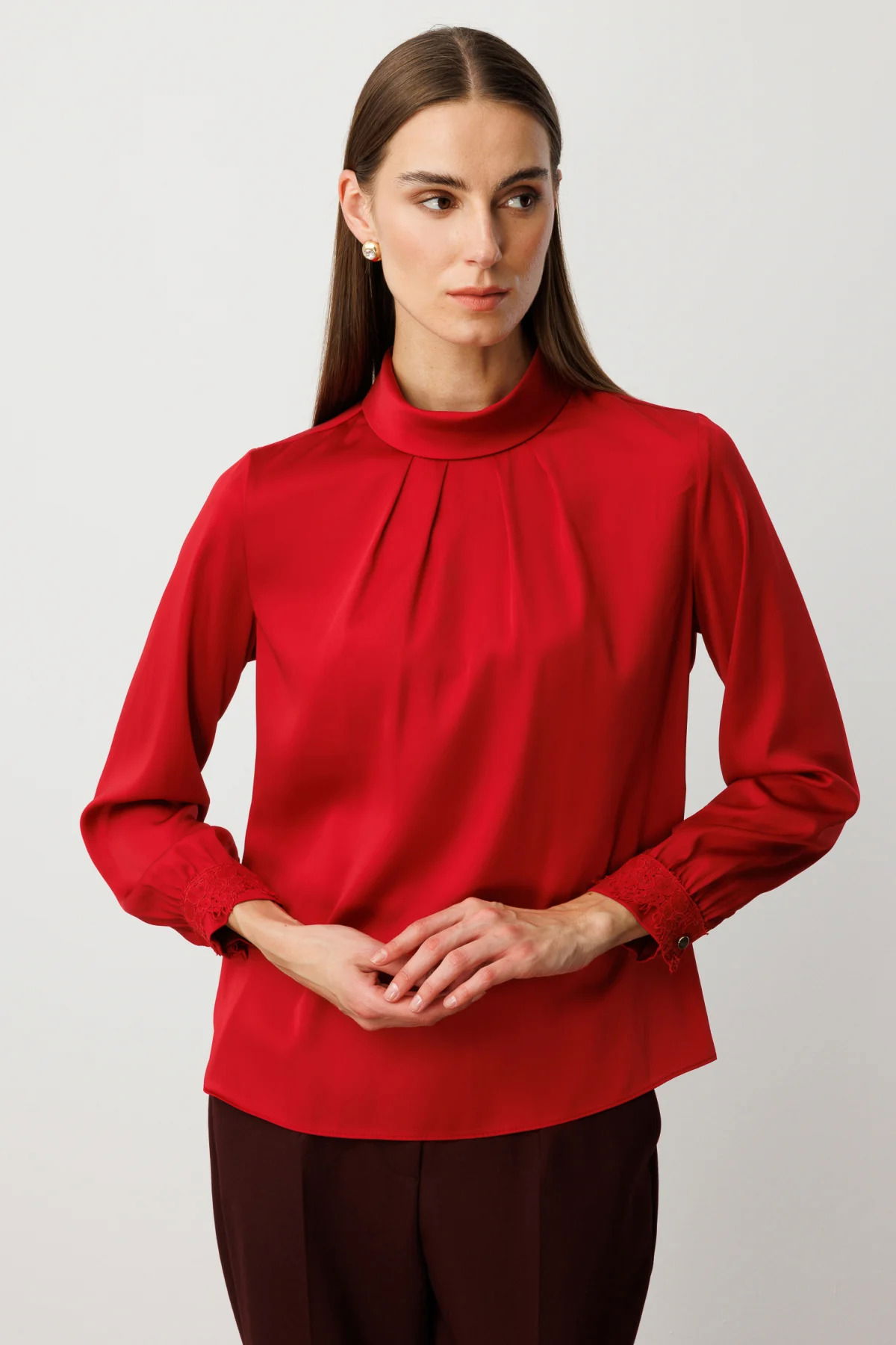 Ekol Kadın Önü Pileli Dantel Detaylı Bluz 3059 K.Kırmızı - 2
