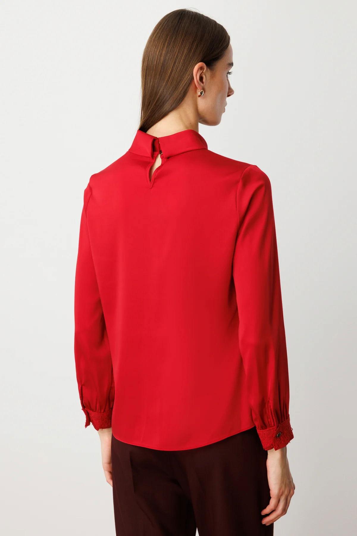 Ekol Kadın Önü Pileli Dantel Detaylı Bluz 3059 K.Kırmızı - 4