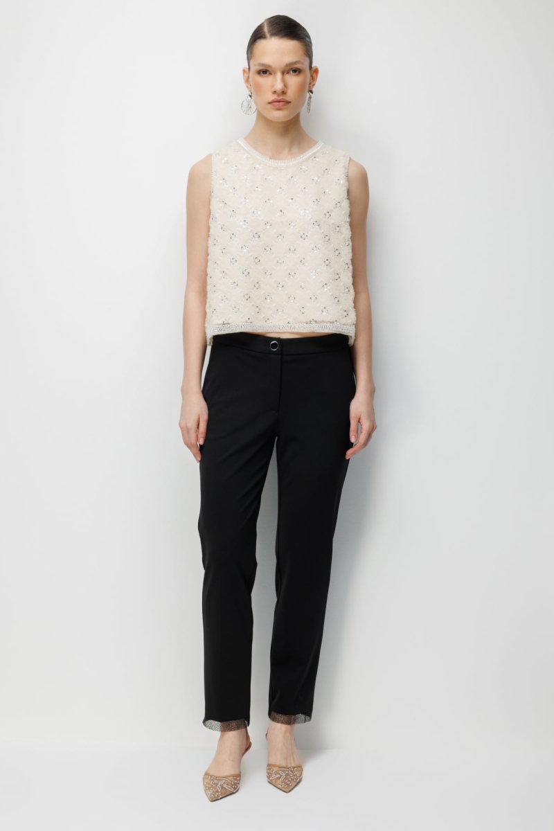 Ekol Kadın Paçası Taş İşlemeli Yan Cepli Pantolon 4104 Siyah - 1