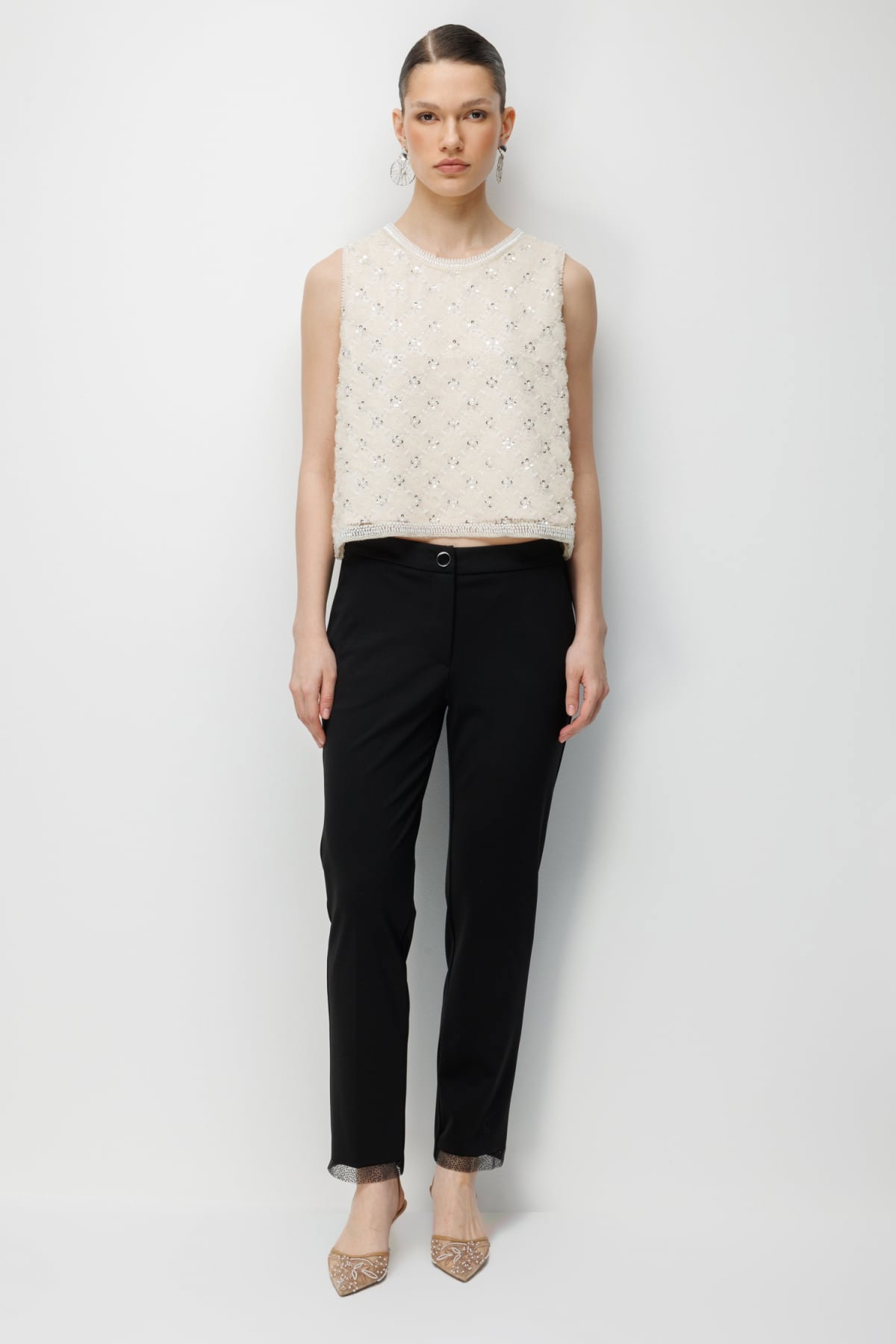 Ekol Kadın Paçası Taş İşlemeli Yan Cepli Pantolon 4104 Siyah - 1