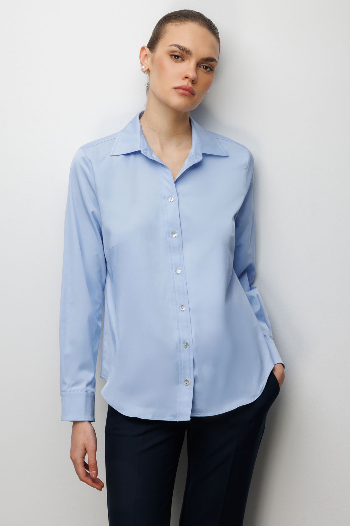Ekol Kadın Pamuklu Polo Yaka Gömlek 2060 Mavi - 1