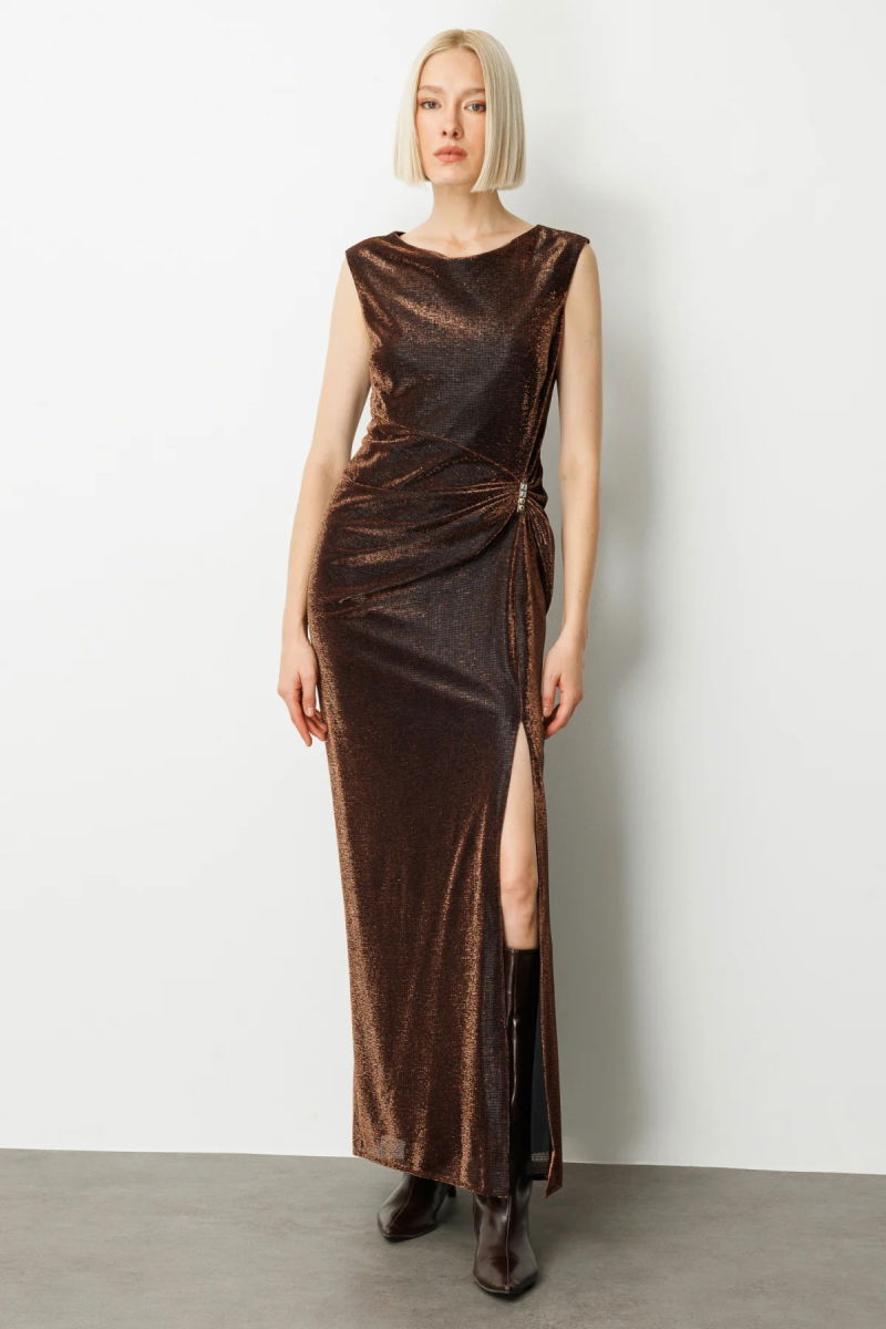 Ekol Kadın Parlak Kumaş Maxi Boy Abiye Elbise 5092 Bakır - Ekol