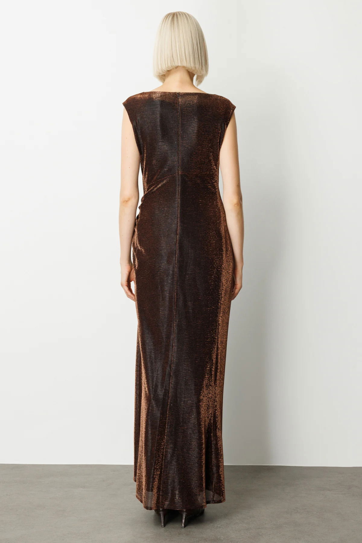 Ekol Kadın Parlak Kumaş Maxi Boy Abiye Elbise 5092 Bakır - 4