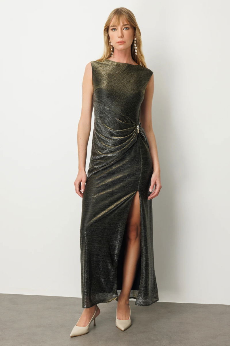 Ekol Kadın Parlak Kumaş Maxi Boy Abiye Elbise 5092 Vizon - Ekol