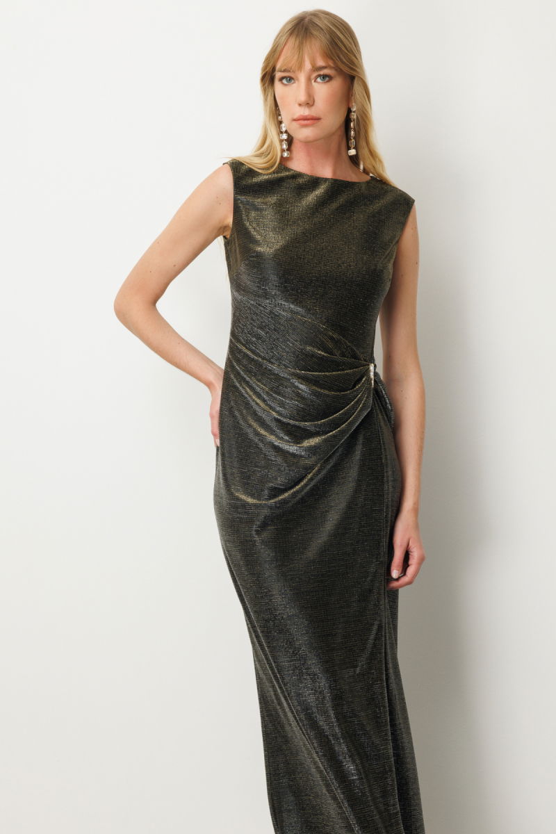 Ekol Kadın Parlak Kumaş Maxi Boy Abiye Elbise 5092 Vizon - 2