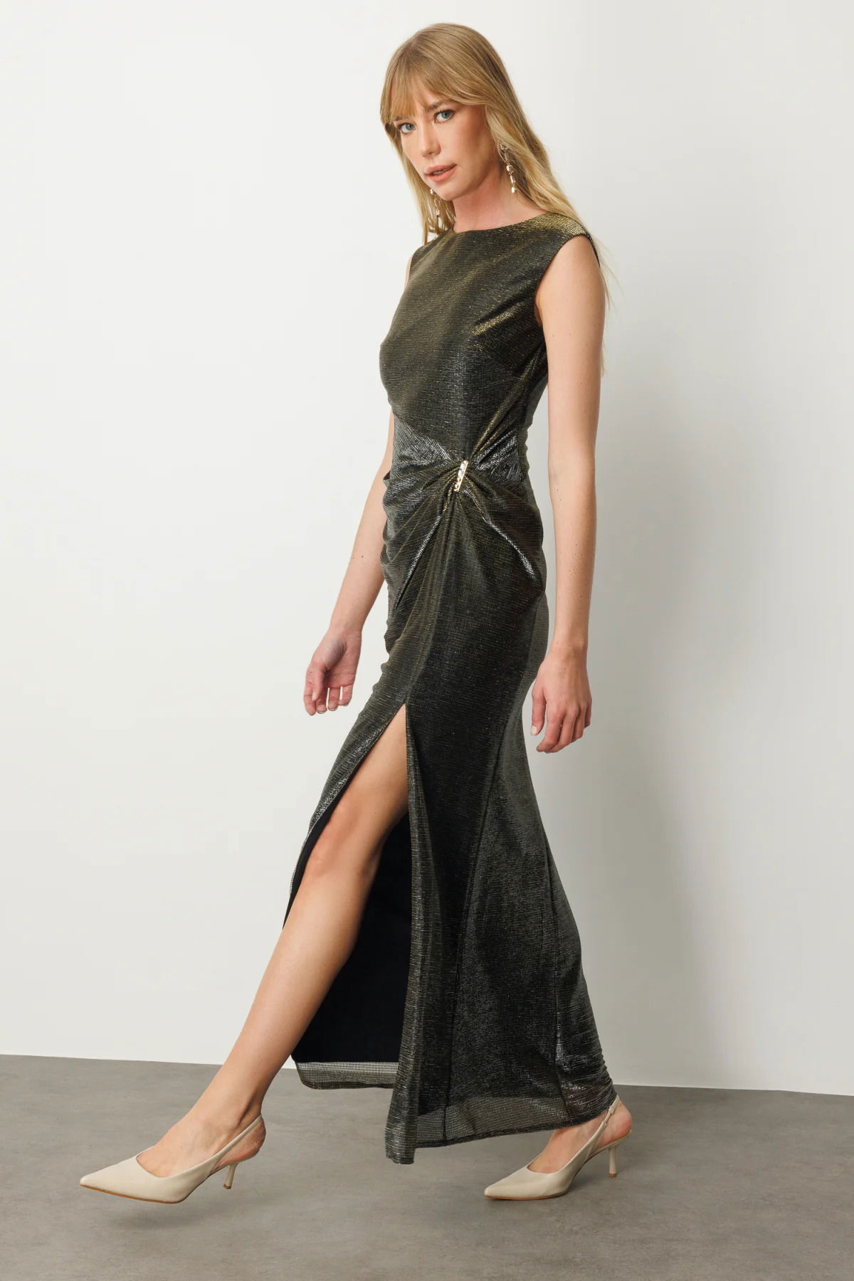 Ekol Kadın Parlak Kumaş Maxi Boy Abiye Elbise 5092 Vizon - 3