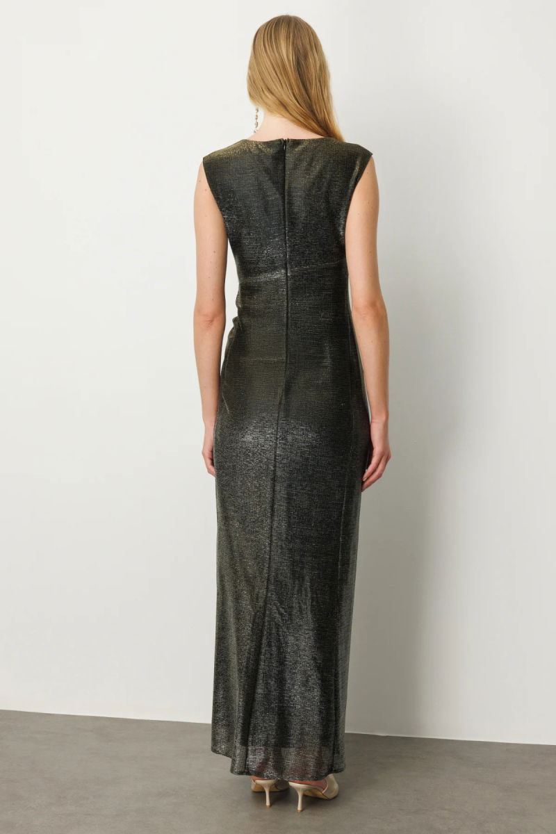 Ekol Kadın Parlak Kumaş Maxi Boy Abiye Elbise 5092 Vizon - 4