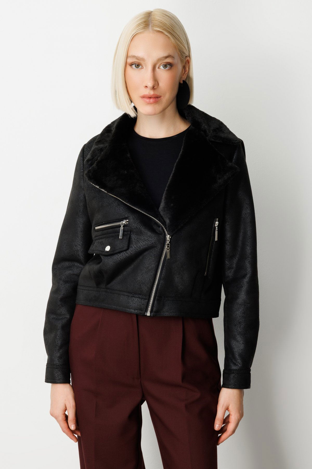 Ekol Kadın Peluşlu Güderi Mont 8011 Siyah - 1