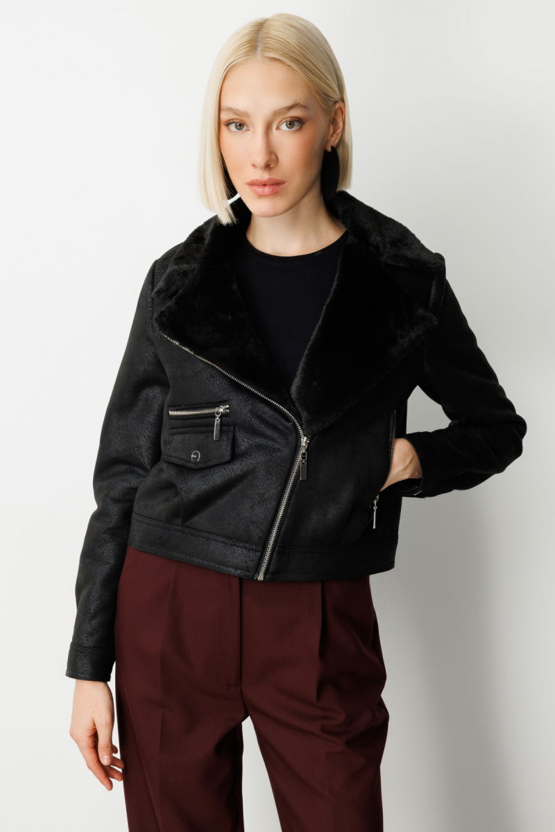 Ekol Kadın Peluşlu Güderi Mont 8011 Siyah - 2