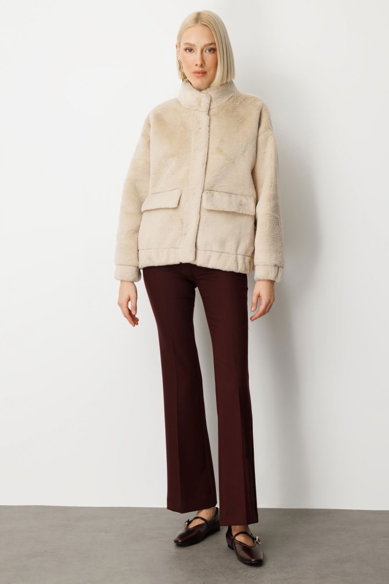 Ekol Kadın Peluşlu Kapak Cepli Mont 8007 Kum - 3