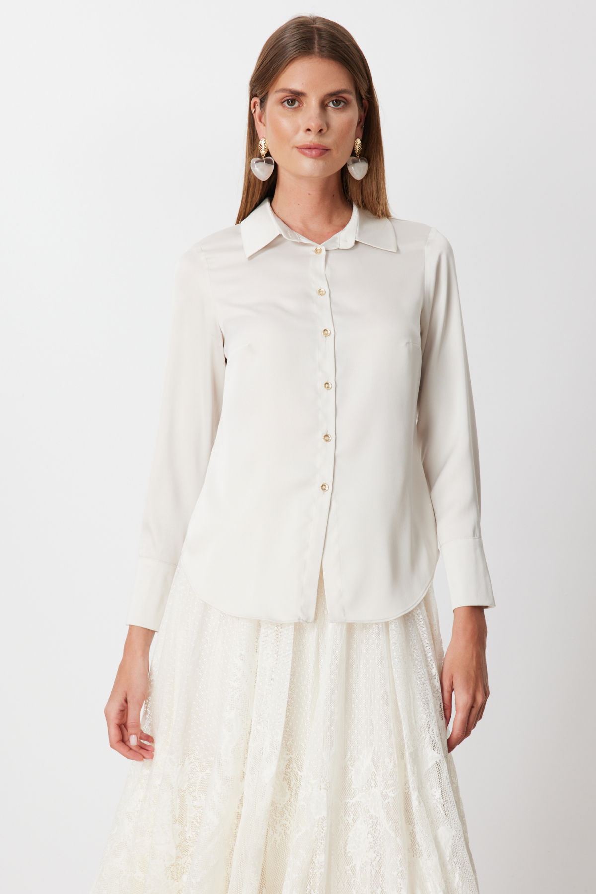 Ekol Kadın Pens Detaylı Polo Yaka Gömlek 2002 İnci - 1