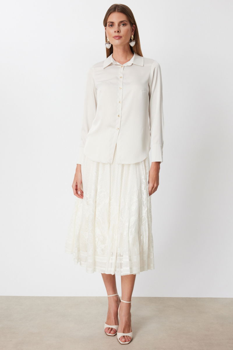 Ekol Kadın Pens Detaylı Polo Yaka Gömlek 2002 İnci - 2