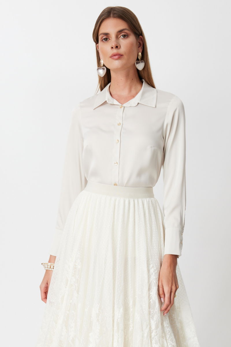 Ekol Kadın Pens Detaylı Polo Yaka Gömlek 2002 İnci - 3