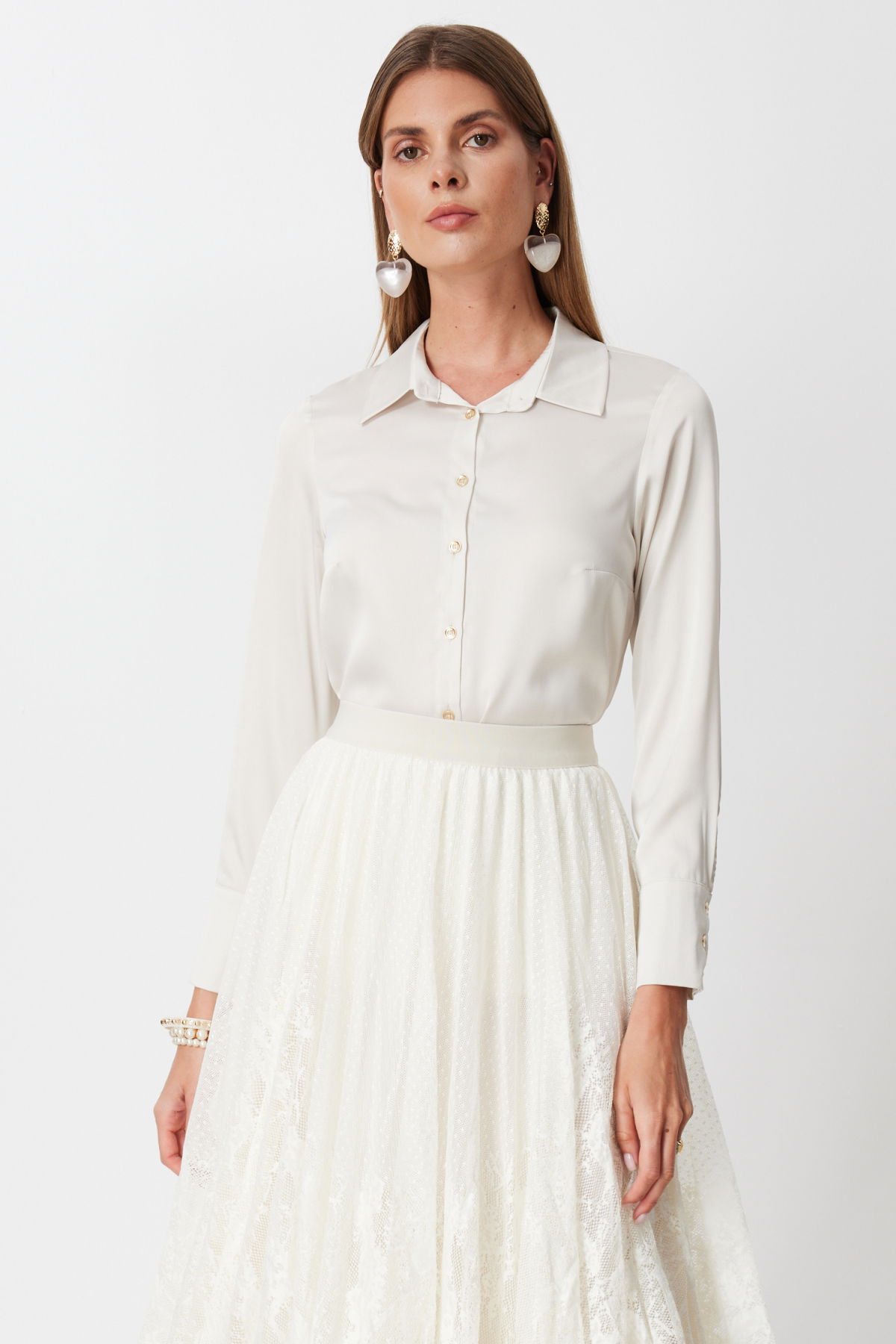 Ekol Kadın Pens Detaylı Polo Yaka Gömlek 2002 İnci - 3