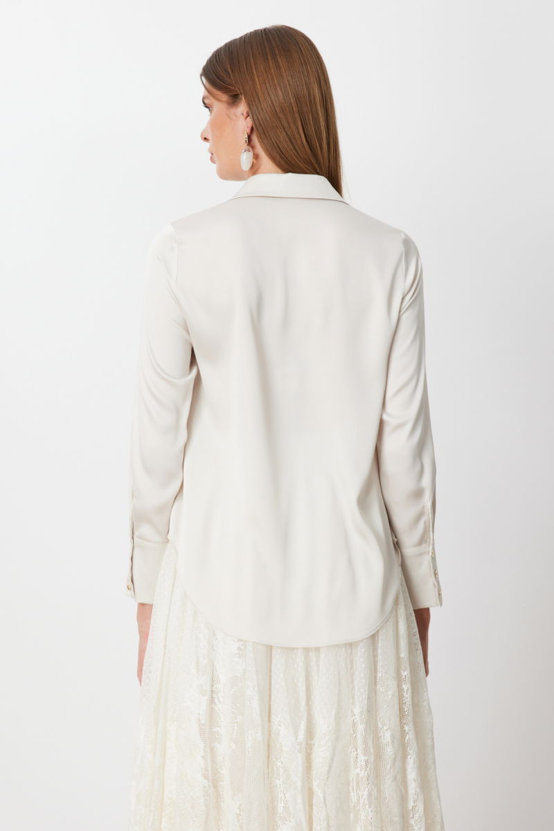 Ekol Kadın Pens Detaylı Polo Yaka Gömlek 2002 İnci - 4