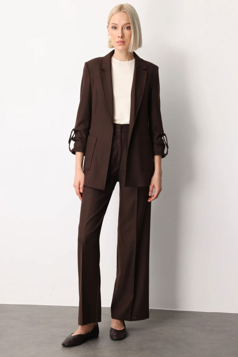 Ekol Kadın Pile Detaylı Bol Paça Pantolon 5059 Kahverengi - Ekol