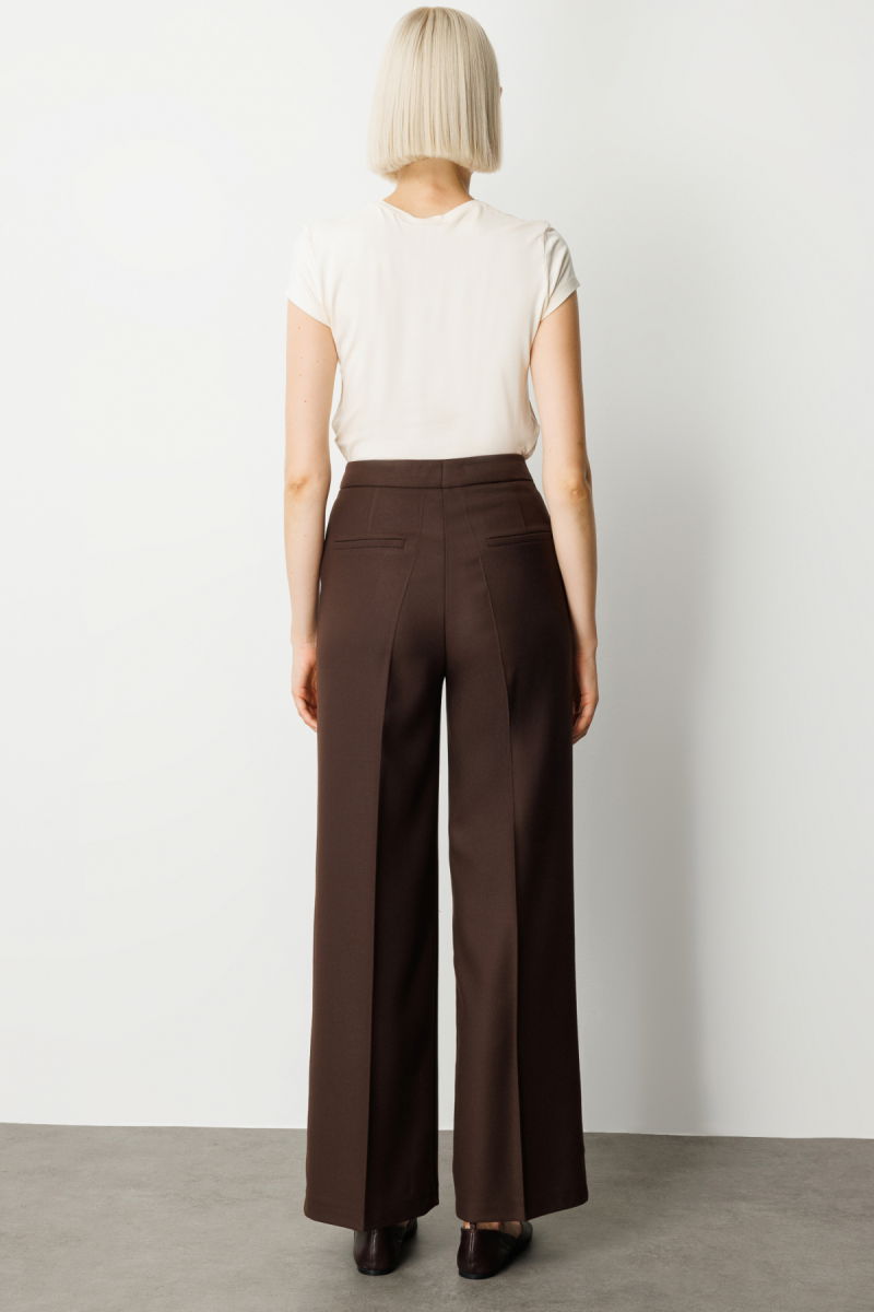 Ekol Kadın Pile Detaylı Bol Paça Pantolon 5059 Kahverengi - 4