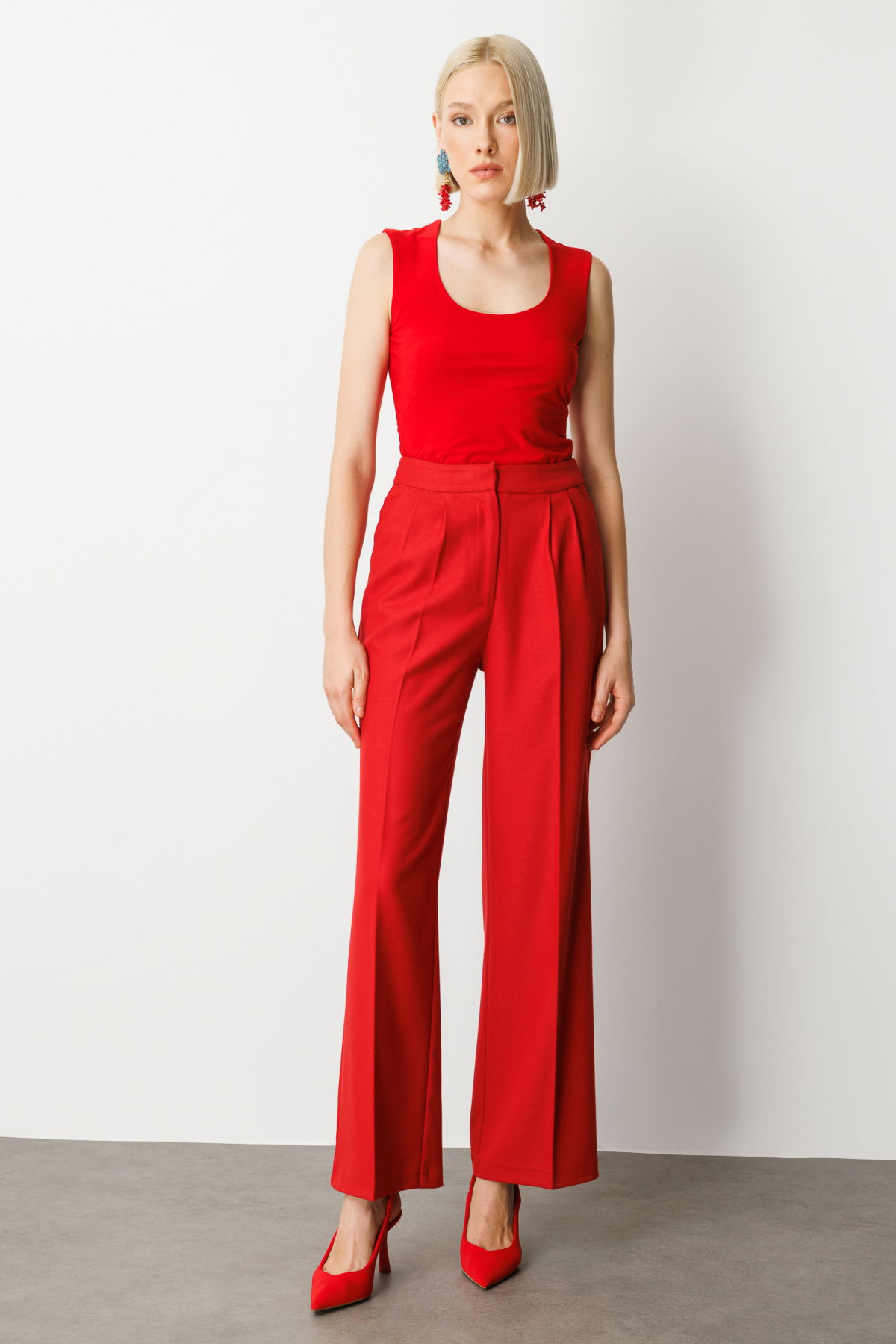 Ekol Kadın Pile Detaylı Bol Paça Pantolon 5059 Kırmızı - 2