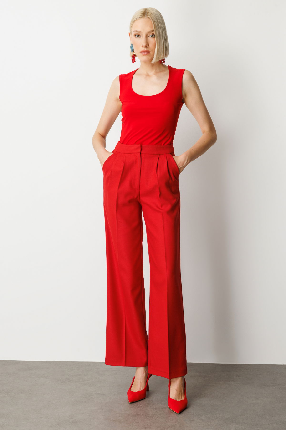 Ekol Kadın Pile Detaylı Bol Paça Pantolon 5059 Kırmızı - 3