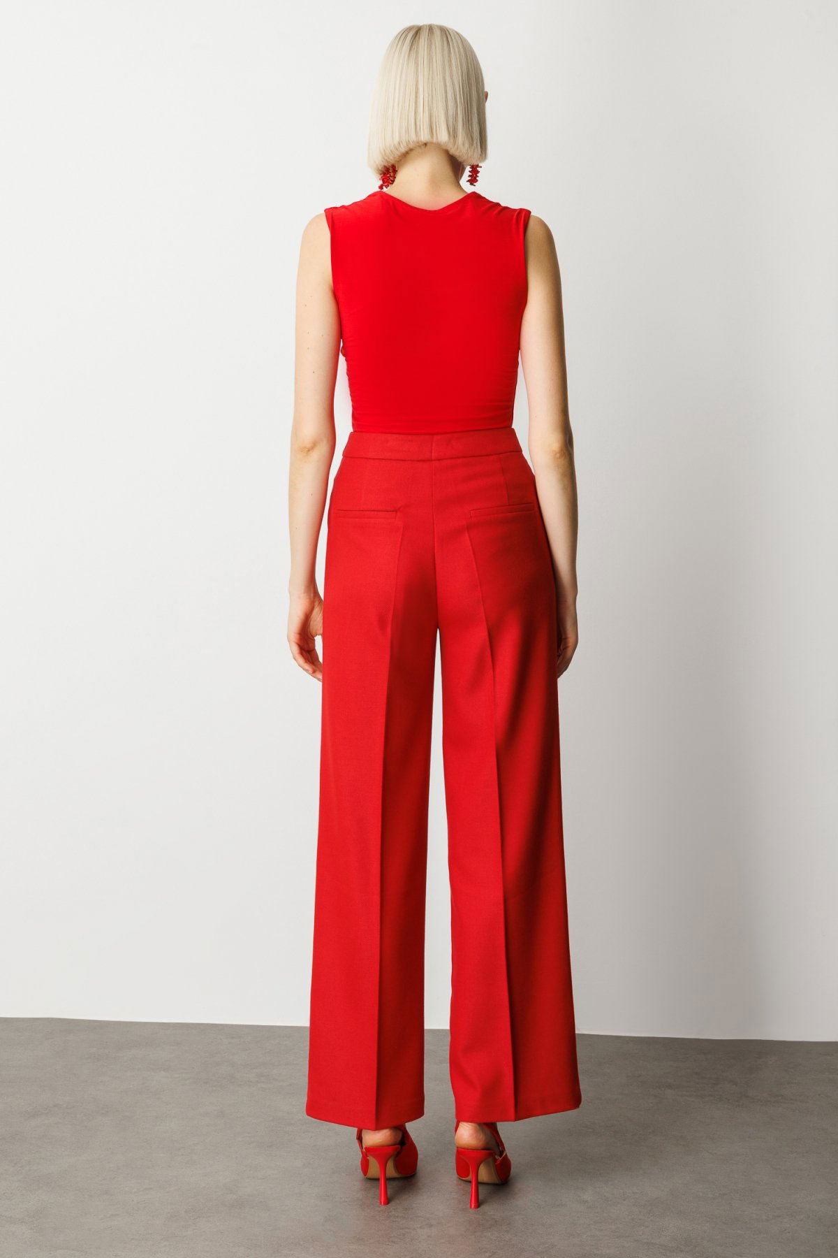 Ekol Kadın Pile Detaylı Bol Paça Pantolon 5059 Kırmızı - 4