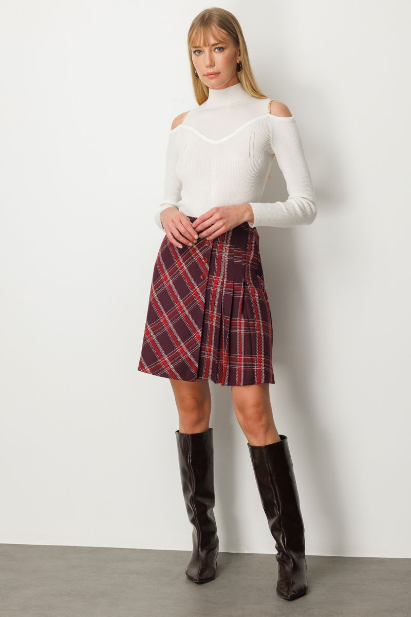 Ekol Kadın Pilise Detaylı Mini Etek 2049 Bordo - 2