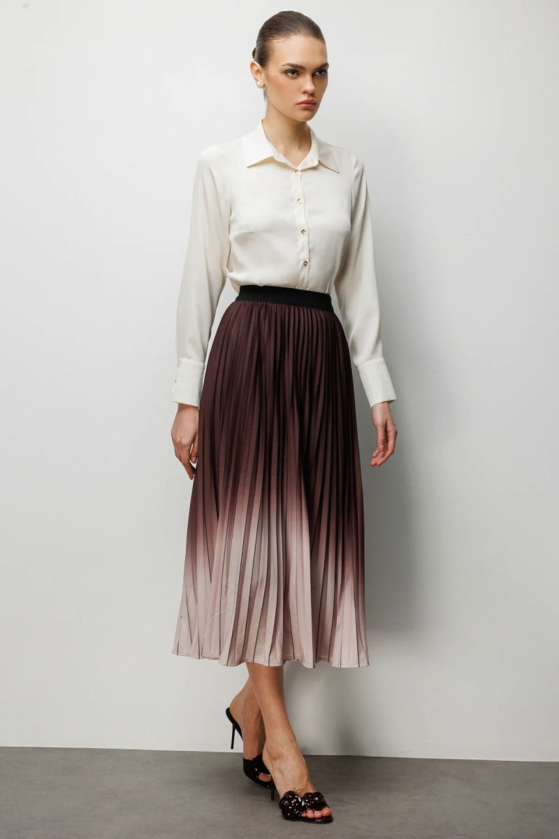 Ekol Kadın Piliseli Renk Geçişli Midi Etek 3954 Kakao - 2