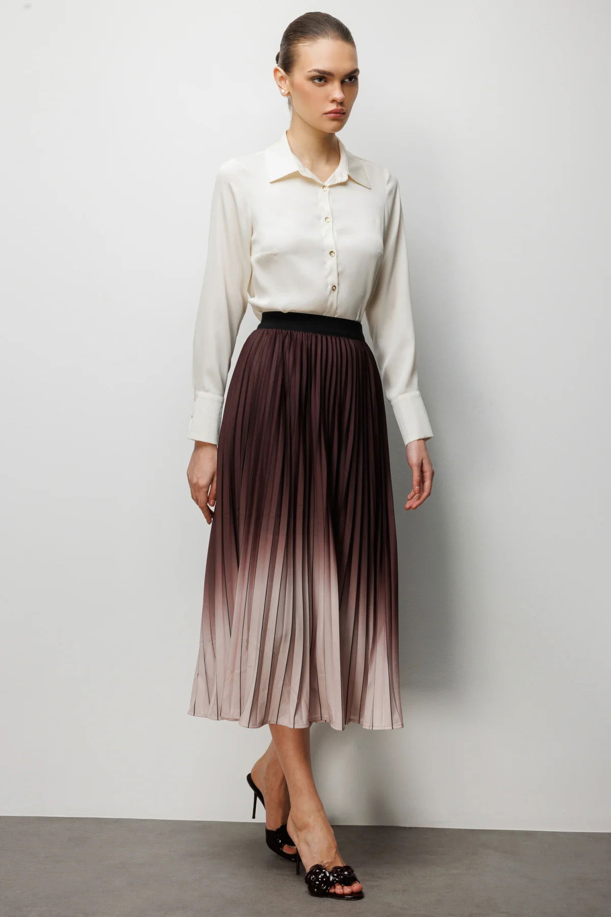 Ekol Kadın Piliseli Renk Geçişli Midi Etek 3954 Kakao - 2