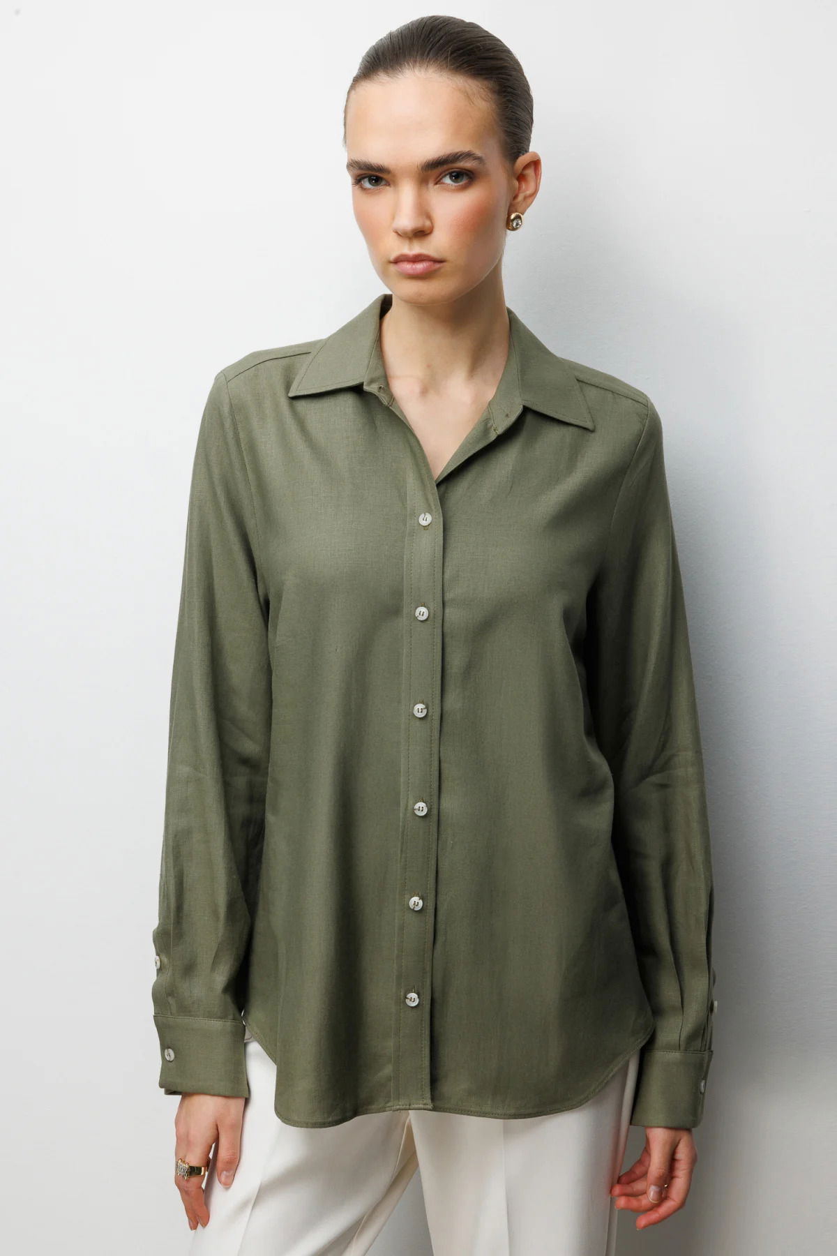 Ekol Kadın Polo Yaka Keten Gömlek 2026 Haki - 1