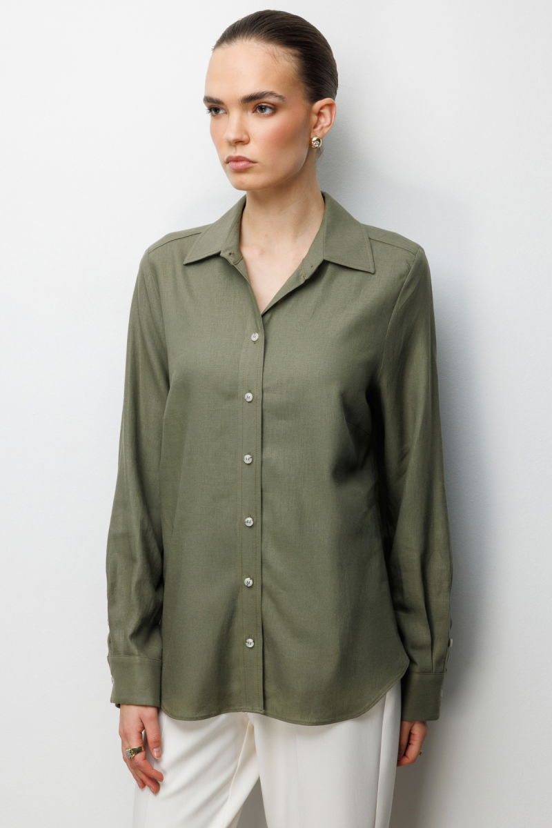 Ekol Kadın Polo Yaka Keten Gömlek 2026 Haki - 2