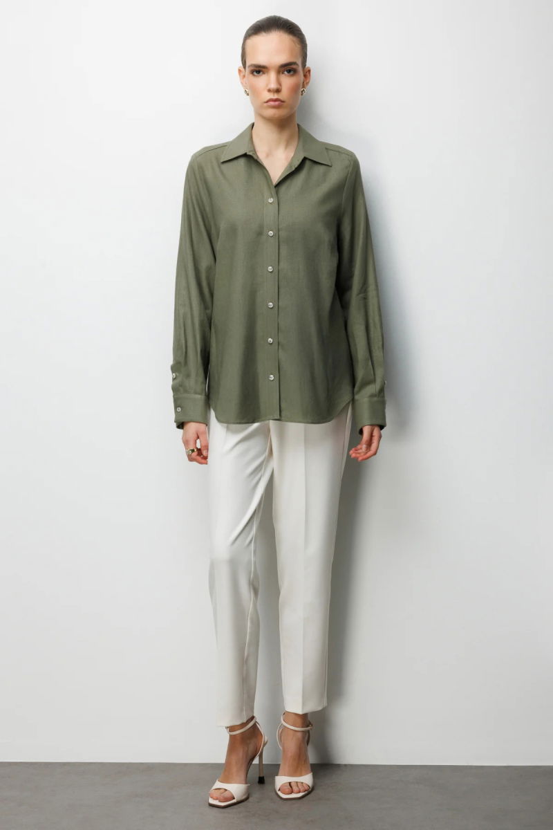 Ekol Kadın Polo Yaka Keten Gömlek 2026 Haki - 3