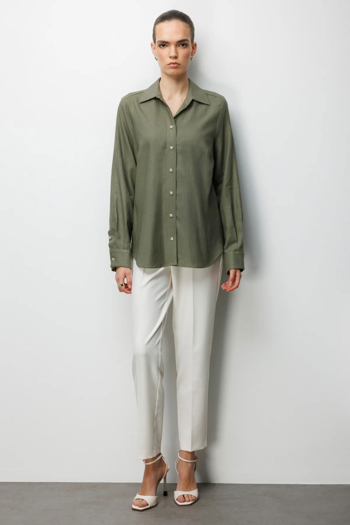 Ekol Kadın Polo Yaka Keten Gömlek 2026 Haki - 3