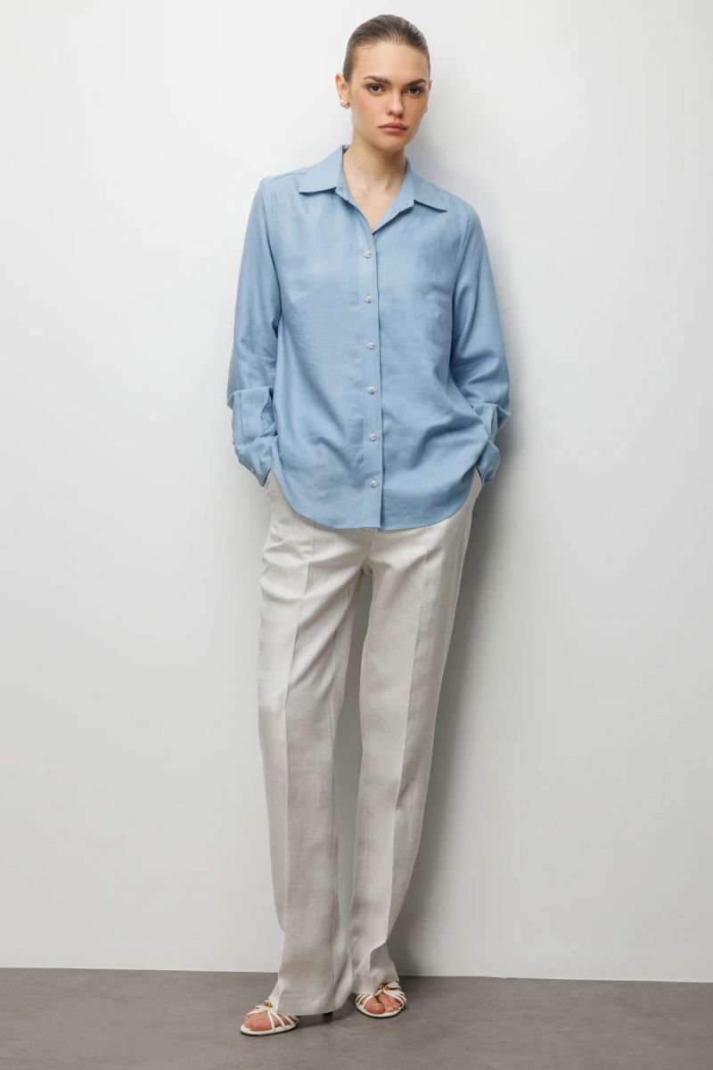 Ekol Kadın Polo Yaka Keten Gömlek 2026 Mavi - 3