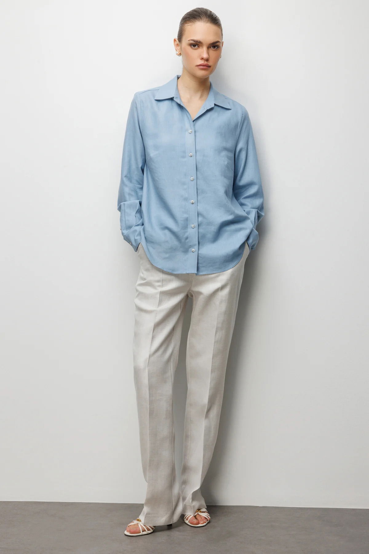 Ekol Kadın Polo Yaka Keten Gömlek 2026 Mavi - 3