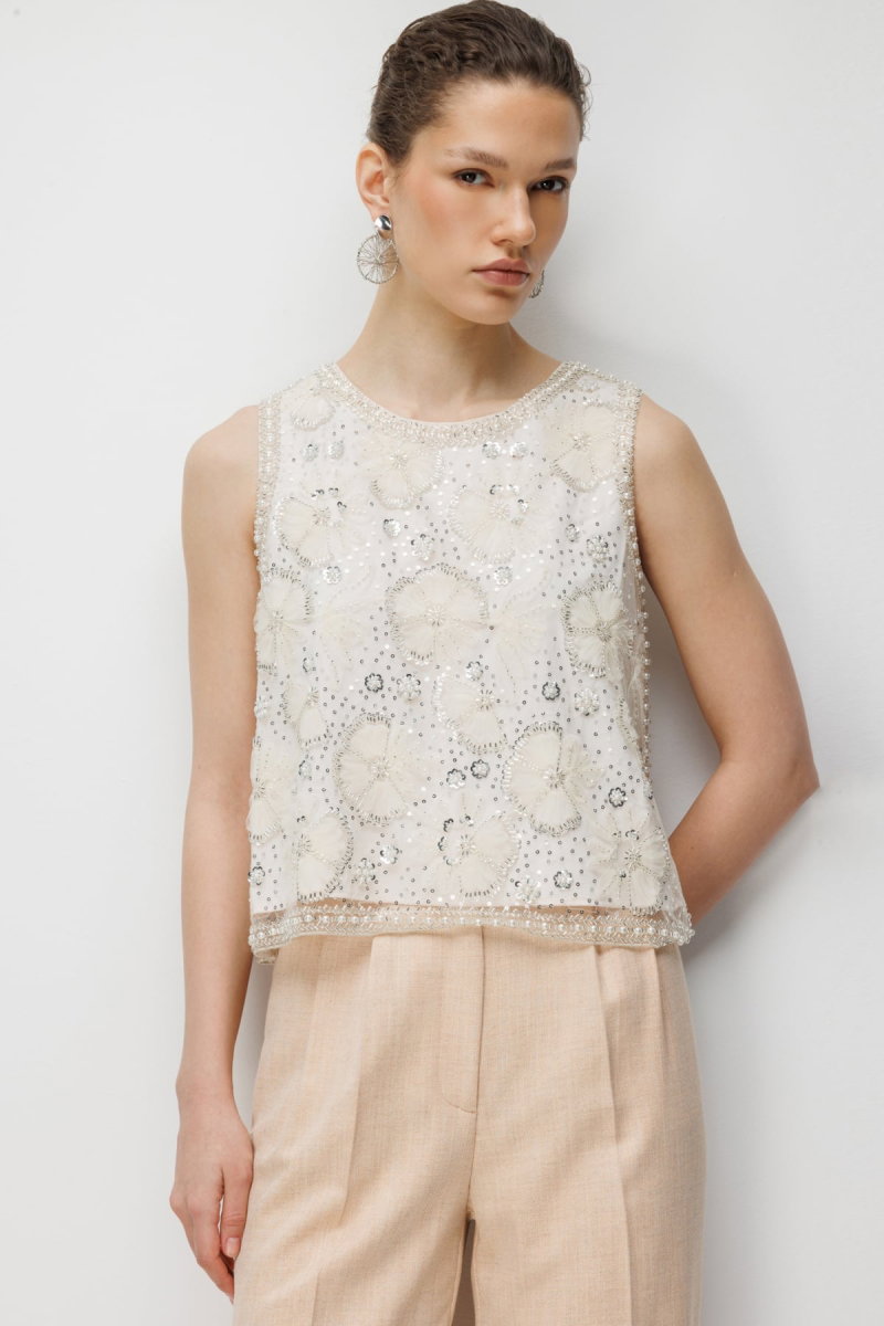 Ekol Kadın Pullu Taş İşlemeli Bluz 2856 Ekru - 1